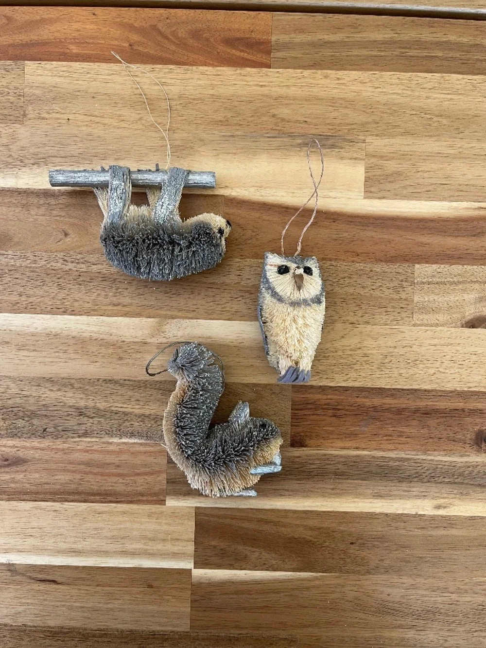 Crate & Barrel - Trio of silver bottlebrush ornaments - Sloth, Owl, and Squirrel